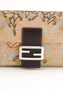 Fendi Linen Crystal Floral Beaded Baguette In Beige