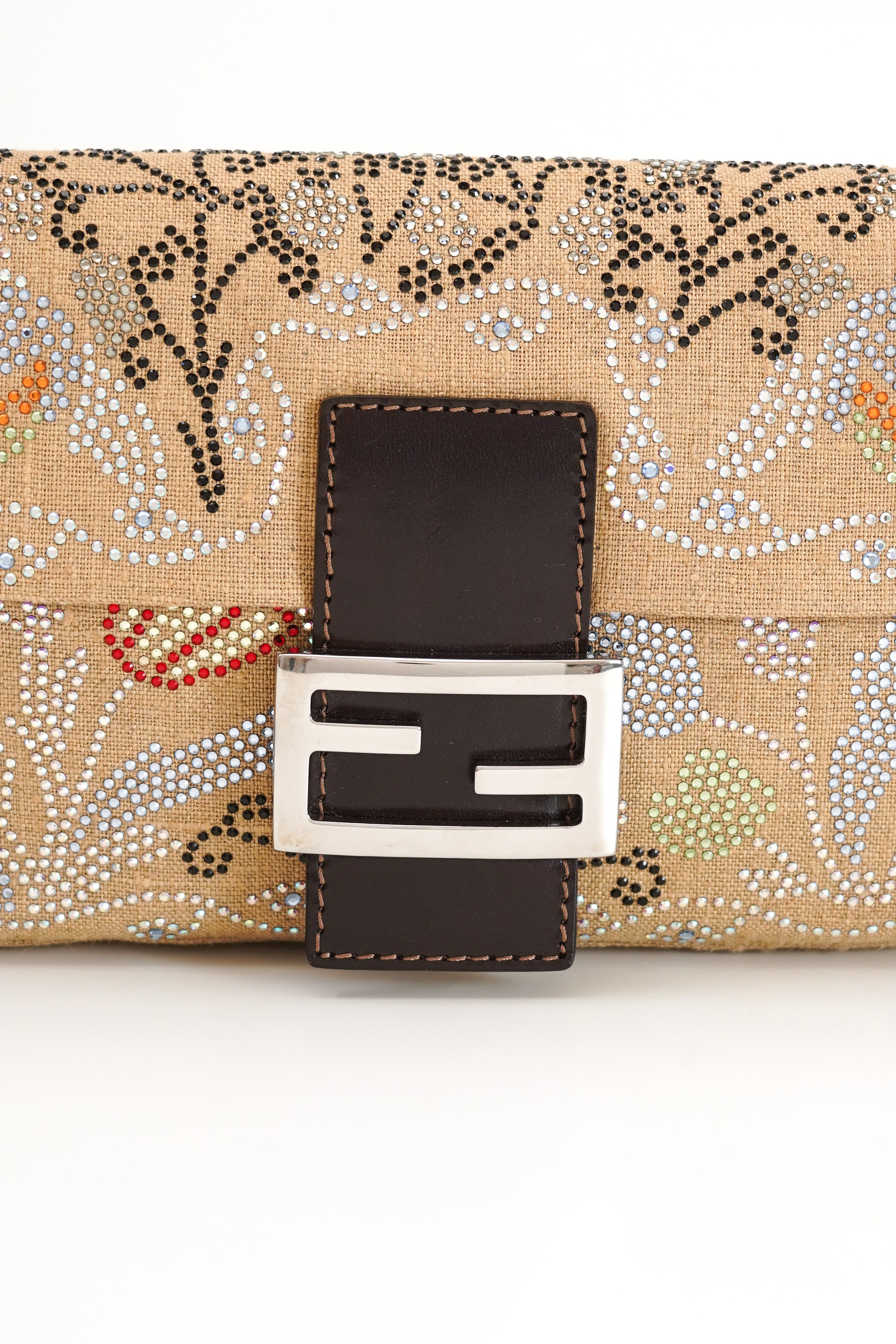Fendi Linen Crystal Floral Beaded Baguette In Beige