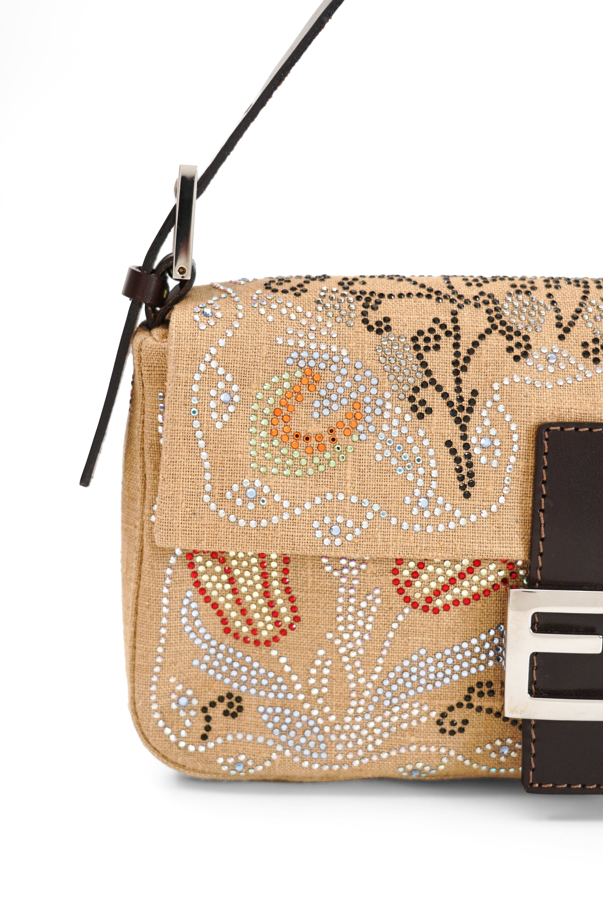 Fendi Linen Crystal Floral Beaded Baguette In Beige
