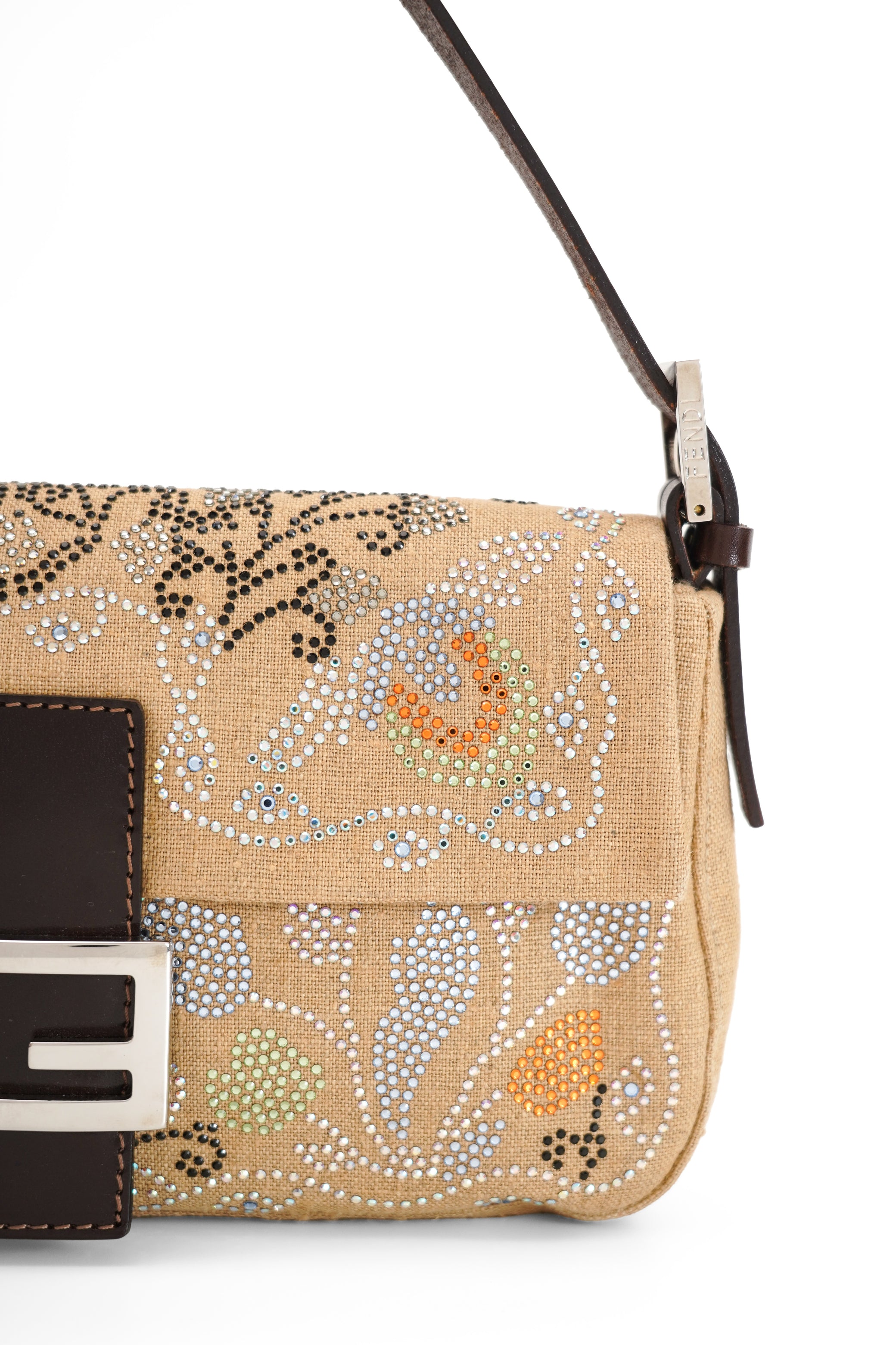 Fendi Linen Crystal Floral Beaded Baguette In Beige