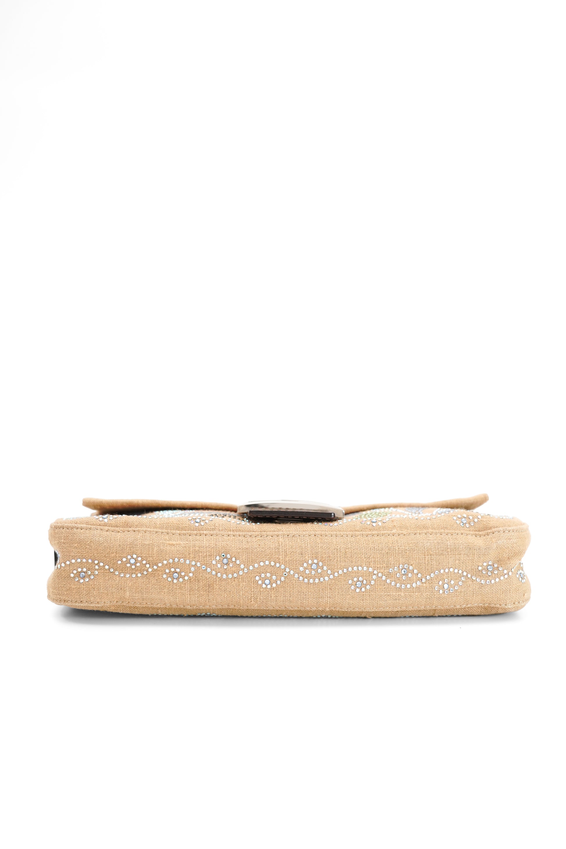 Fendi Linen Crystal Floral Beaded Baguette In Beige