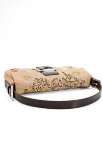 Fendi Linen Crystal Floral Beaded Baguette In Beige