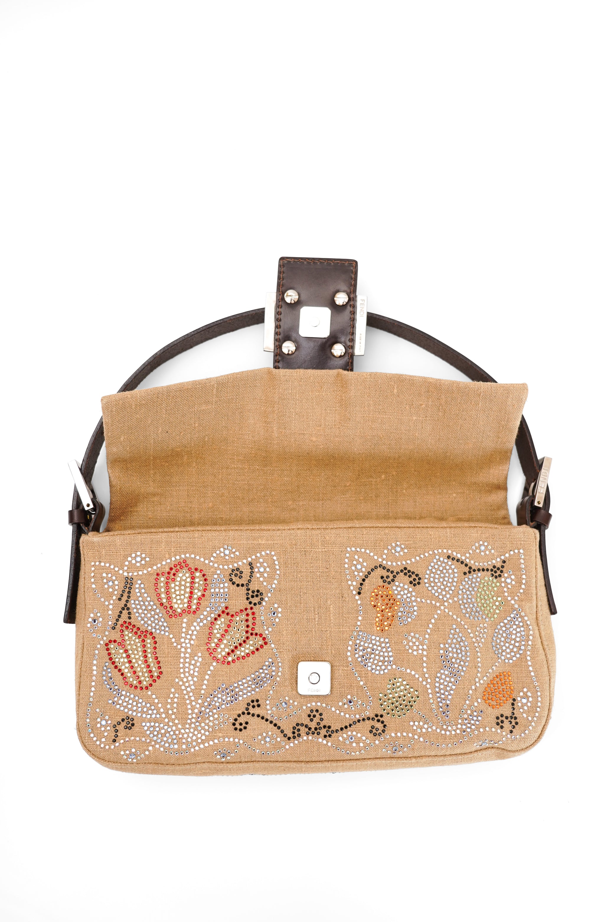 Fendi Linen Crystal Floral Beaded Baguette In Beige