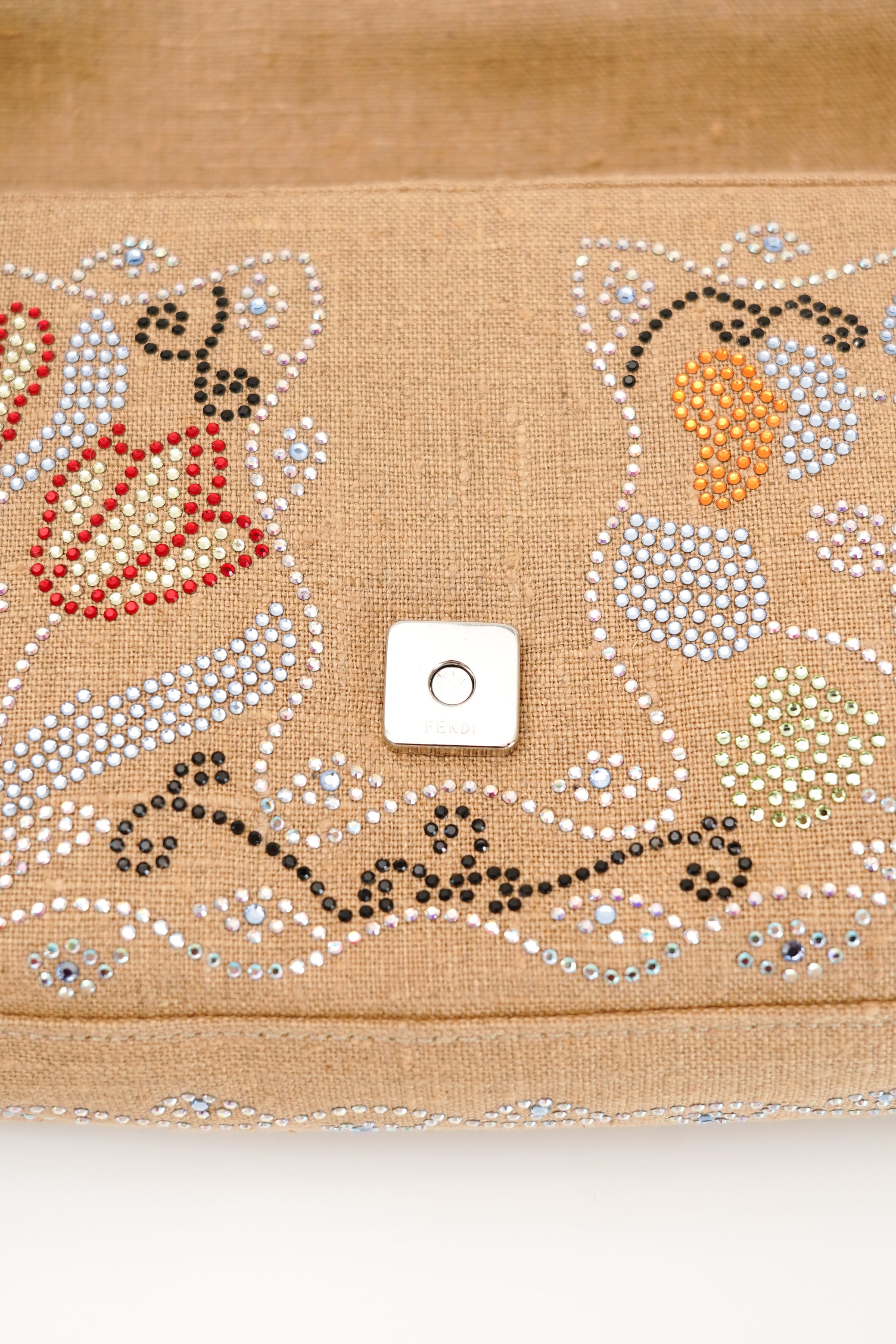 Fendi Linen Crystal Floral Beaded Baguette In Beige